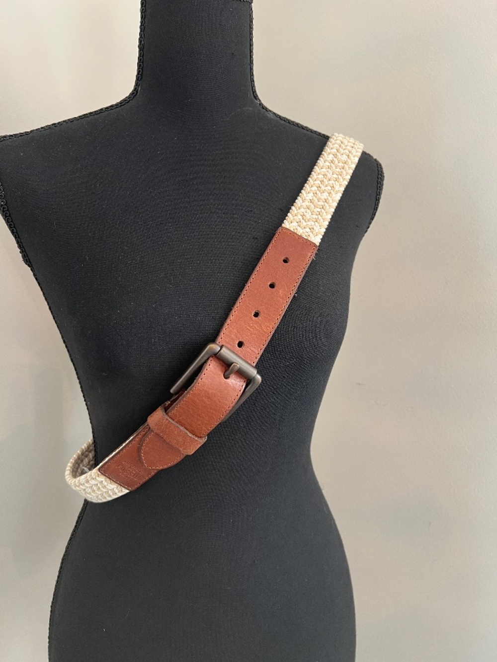 Men's Fossil Kyle Khaki Brown Leather Accented Braided Belt NWT